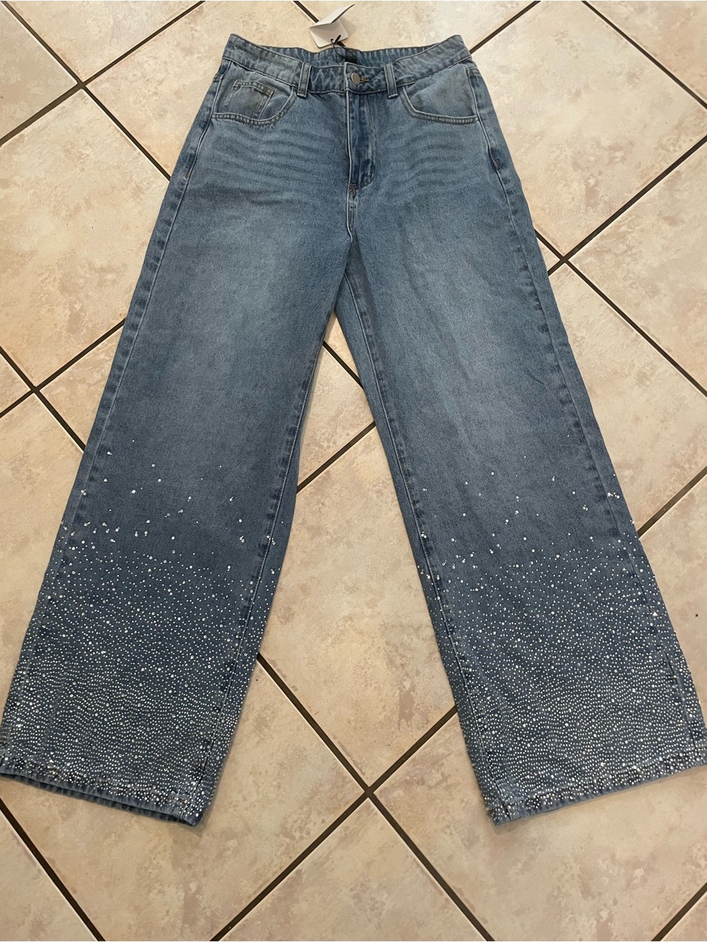 High-Rise Wide Leg Jeans with Hem Embellishments - Blue